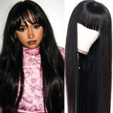 Human hair wig with bangs Natural black
