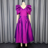 Puff Sleeve Evening Dress A Hem Pleated Banquet Dress