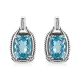 .925 Sterling Silver 14x10MM Cushion Cut Blue Topaz Gemstone and Diamond Accent Dangle Earring (I-J Color, I1-I2 Clarity)
