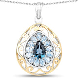 18K Yellow Gold Plated 4.44 Carat Genuine London Blue Topaz and Blue Topaz .925 Sterling Silver Pendant