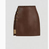 Womens Solid-Color Faux Leather Mini Skirt With Metal Buttons