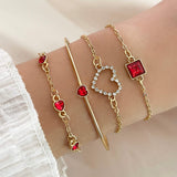 4pcs Rhinestone Alloy Bracelet Set – Minimalist Heart & Square Design