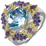 5.66 Carat Genuine Blue Topaz, Amethyst & White Diamond .925 Sterling Silver Ring