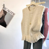 Women's Sweet And Soft Solid-Color Knitted With Ruffled Hemline Sweater Vest Waistcoat Top