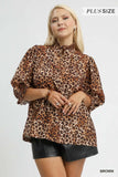 Umgee Full Size Leopard Print Ruffle Neck Blouse Plus Size