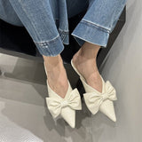 Women New Spring Summer Pointed Toe Bow V-Cut Mules, Elegant Flat Closed Toe Slide Sandals For Outdoor Wear