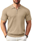Mens Zip-Up Short-Sleeve Rib-Knit Polo T-Shirt Fashionable Casual Golf Shirt