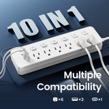 10-in-1 Multi-Outlet Power Strip – 6 AC, 3 USB-A, 1 Type-C