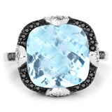 8.29 Carat Genuine Swiss Blue Topaz, Black Diamond & White Diamond .925 Sterling Silver Ring