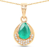 0.89 Carat Genuine Zambian Emerald and White Diamond 14K Yellow Gold Pendant