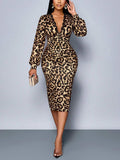 Womens Leopard-Print Long-Sleeve Mid-Length Split Dress