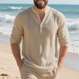 Autumn Linen Men's Long-Sleeve T-Shirt With Stand Collar And Buttons