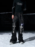 Mens Cross-Design Rhinestone-Embellished Double-Waist Button Denim Jeans
