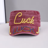Summer Men's Solid-color Rhinestone-embroidered Letter  LUCK Water-washed Retro Sun-protective Street Fashion Hat For Gatherings, Street Dance, Casual Sports