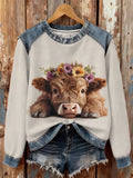 Womens Casual Floral Denim Patchwork Hoodie Top