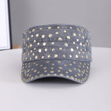 Men's And Women's Metal Rivet Decorated Washed And Distressed Material Flat-top Style Retro Punk Hat. Suitable For Daily Street Wear In School Settings.