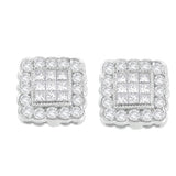 14K White Gold 1.0 Cttw Round Brilliant & Princess Cut Diamond Scallop-Edge Framed Square Halo Stud Earrings (G-H Color, SI1-SI2 Clarity)
