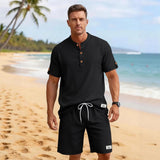 Mens Casual Henley Shirt And Shorts Sports Set