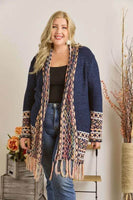 ADORA Full Size Fringe Hem Aztec Border Cardigan Plus Size