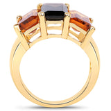 14K Yellow Gold Plated 8.14 Carat Genuine Smoky Quartz, Citrine and Champagne Quartz .925 Sterling Silver Ring