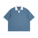 Mens Summer Thin Color-Block Plaid Lapel Short-Sleeve Shirt