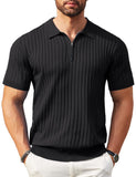 Mens Zip-Up Short-Sleeve Rib-Knit Polo T-Shirt Fashionable Casual Golf Shirt