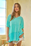 Davi & Dani Solid Ruffled Flared Short Sleeve V Neck Top