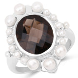 5.75 Carat Genuine Smoky Quartz and Pearl .925 Sterling Silver Ring