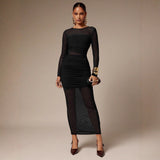Womens Solid-Color Crew-Neck Mesh-Patchwork Bodycon Midi Skirt