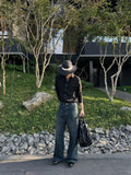 American-style Vintage Bamboo Water-washed Distressed Wide-leg Pants