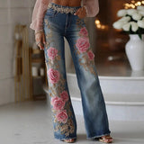 Womens Retro Printed Faux Denim Jeans