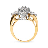 10K Yellow Gold 1 Cttw Round and Baguette cut Diamond Cluster and Rhombus Halo Ring (H-I Color, I1-I2 Clarity) - Ring Size 7