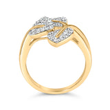 18K Yellow and White Gold Plated .925 Sterling Silver 3/8 Cttw Baguette and Round Diamond Bypass Triple Leaf Ring (I-J Color, I1-I2 Clarity) - Size 7