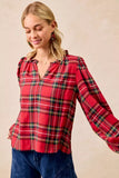 BiBi Christmas Plaid Balloon Sleeves Ruffled V-Neck Top