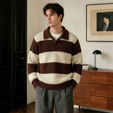 Mens Drop-shoulder Striped Lapel Loose-fit Sweater