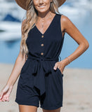 Cupshe Womens Rosalinda Belted V-Neck Romper - Dark Blue