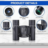 High Powered Mini Pocket Binoculars 10x25 with Phone Adapter – Compact, Lightweight, Portable – Black