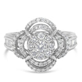 14K White Gold 1.0 Cttw Round & Baguette Cut Diamond Floral Cluster Quatrefoil Channel Set Band Cocktail Statement Ring (H-I Color, SI2-I1 Clarity) - Size 6-3/4