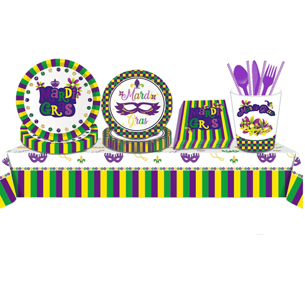 Mardi Gras Party Tableware Set,Mardi Gras Party Supplies Serves 16 Guests Including Paper Plates Napkins Tablecovers Cups Straws Cutlery for New Orleans Carnival Theme Party