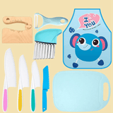 Kids Cooking Set Real, Montessori Kitchen Tools, Toddlers Safe Knife Tools Set (Include Wood and Plastic Knife, Crinkle Cutter, Peeler, Cutting Board, Y Peeler, Apron), Gifts for Junior Boys Girls