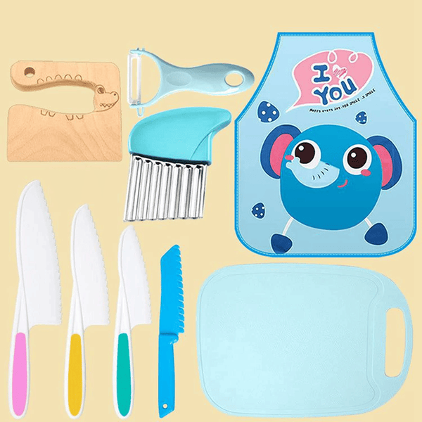 Kids Cooking Set Real, Montessori Kitchen Tools, Toddlers Safe Knife Tools Set (Include Wood and Plastic Knife, Crinkle Cutter, Peeler, Cutting Board, Y Peeler, Apron), Gifts for Junior Boys Girls