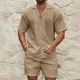 Men Tracksuits Summer Fashion Solid Loose Casual Two Pieces Lapel Button Shirt Shorts Beach Holiday All-match Outfits Male