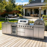 Blazon 125-Inch 4-Burner 108K BTU Outdoor Kitchen Island With Pizza Oven, Rotisserie & Refrigerator (SAK55768)