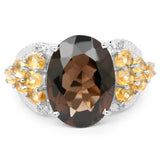 9.74 Carat Genuine Smoky Quartz, Citrine & White Topaz .925 Sterling Silver Ring