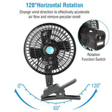 12V Car Fan Oscillating Clip on Cooling Fan with 2 Speeds 120° Rotation