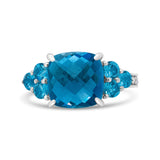 18K White Gold 10mm Cushion Shaped Blue Topaz and 1/6 Cttw Diamond 3 Stone Style Ring (F-G Color, VS1-VS2 Clarity) - Ring Size 6.5