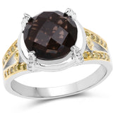3.28 Carat Genuine Smoky Quartz, Yellow Diamond & White Diamond .925 Sterling Silver Ring