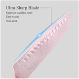 Kitchen Knife Set, Pink 7PC Wheat Straw Sharp Chef Knife Set with Cutting Board and Acrylic Stand, Stainless Steel Cooking Knife with Gift Box for Women Girls Friends Family