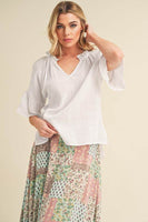 Aemi + Co Side Slit Notched Ruffled Half Sleeve Blouse