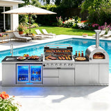 Blazon 147-Inch 6-Burner 120K BTU Outdoor Kitchen Island With Pizza Oven, Rotisserie & Refrigerator (SAK96429)